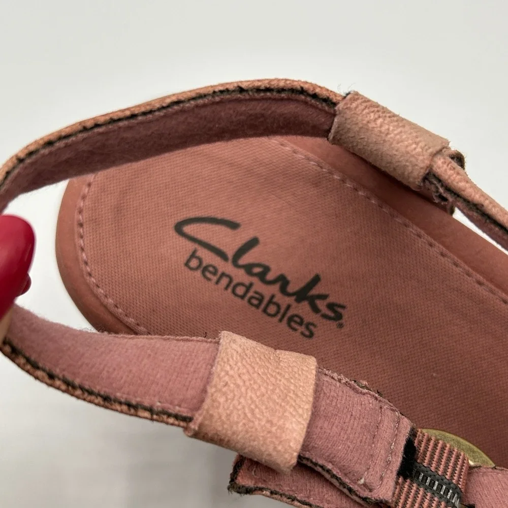Clarks Bendables Dusty Rose Leather Ruched Wedge Slingback Sandals 9M Minimalist